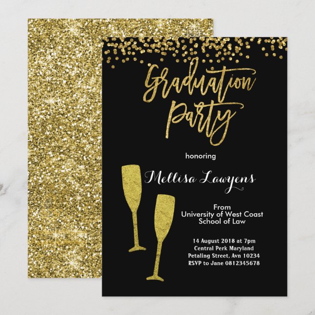 Invitación Elegante fiesta de graduación de Confetti de oro (Anverso / Reverso)