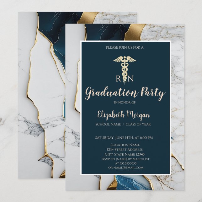 Invitación Elegante fiesta de graduación de enfermeras de oro (Anverso / Reverso)