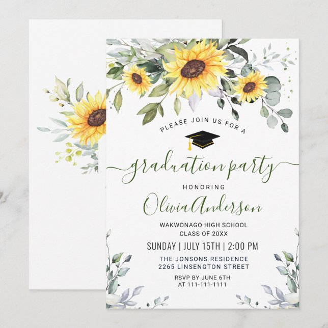 Invitación Elegante fiesta de graduación de Eucalipto Sunflow (Anverso / Reverso)