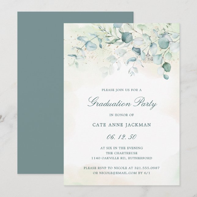 Invitación Elegante fiesta de graduación de Eucalyptus Greene (Anverso / Reverso)