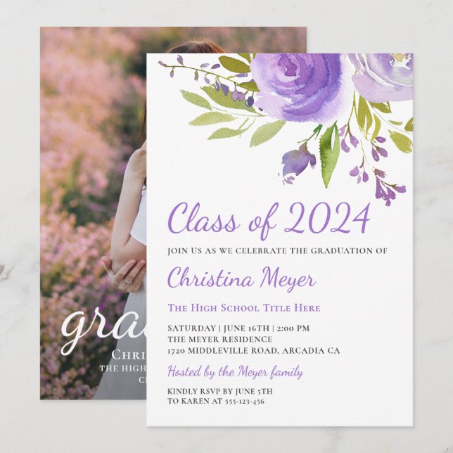 Invitación Elegante fiesta de graduación de flores moradas (Anverso / Reverso)