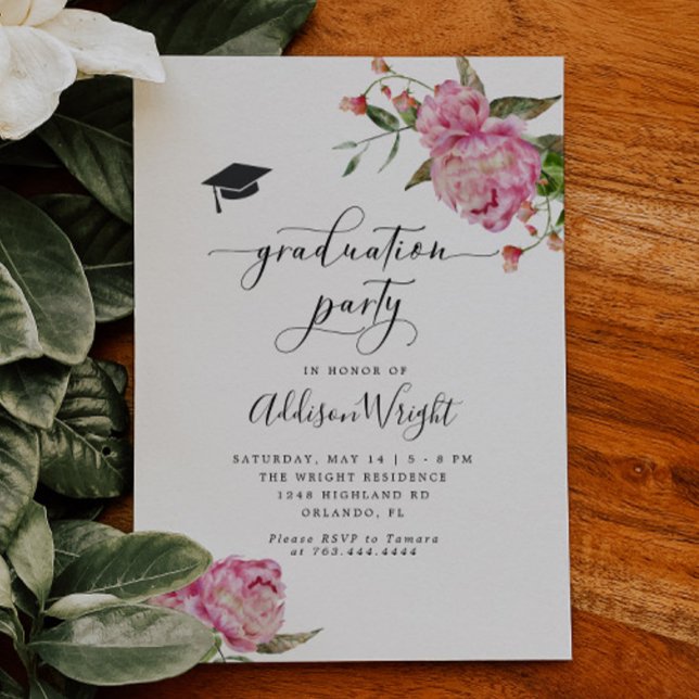 Invitación Elegante fiesta de graduación de flores rosas (Subido por el creador)