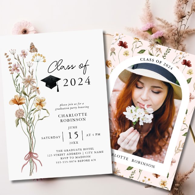 Invitación Elegante fiesta de graduación de flores silvestres (Stylish Spring Wildflower Graduation Party Photo Invitation)