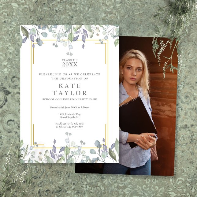 Invitación Elegante fiesta de graduación de fotografía floral (Elegant Greenery Floral Photo Graduation Party Invitation)