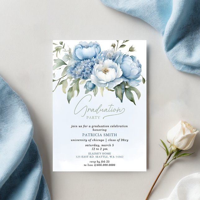 Invitación Elegante fiesta de graduación de fotos con flores  (Elegant Blue Floral Photo Graduation Party Invitation)