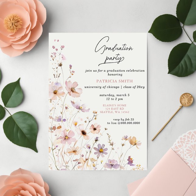Invitación Elegante fiesta de graduación de fotos de flores s (Elegant Wildflowers Photo Graduation Party Invitation)