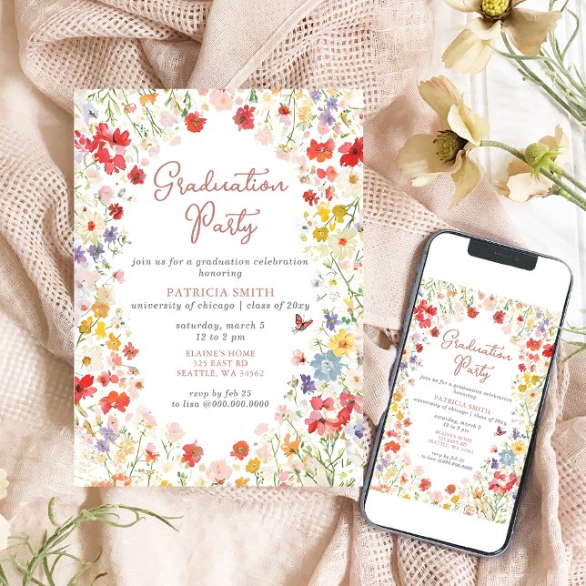 Invitación Elegante fiesta de graduación de fotos de flores s (Elegant Wildflowers Photo Graduation Party Invitation)