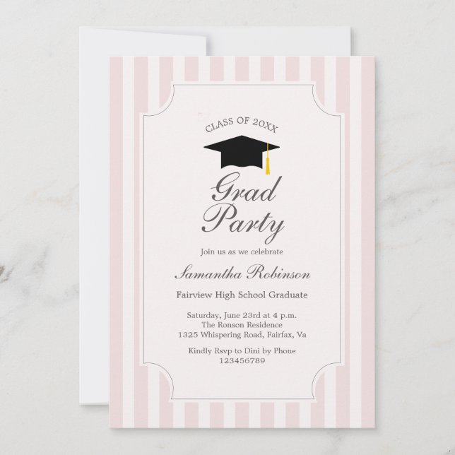 Invitación Elegante fiesta de graduación de franjas rosadas (Anverso)