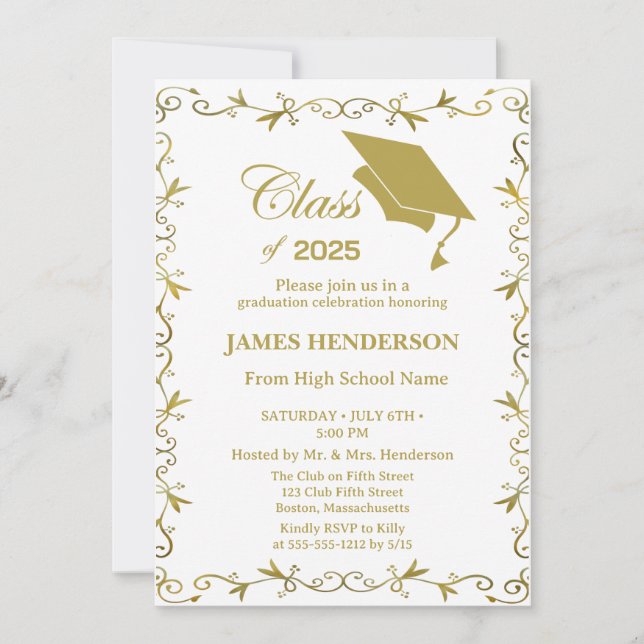 Invitación Elegante Fiesta de graduación de la Escuela de Oro (Anverso)