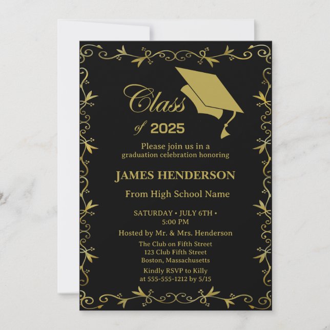 Invitación Elegante Fiesta de graduación de la Escuela de Oro (Anverso)