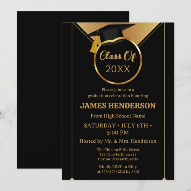 Invitación Elegante Fiesta de graduación de la Escuela de Oro (Anverso / Reverso)
