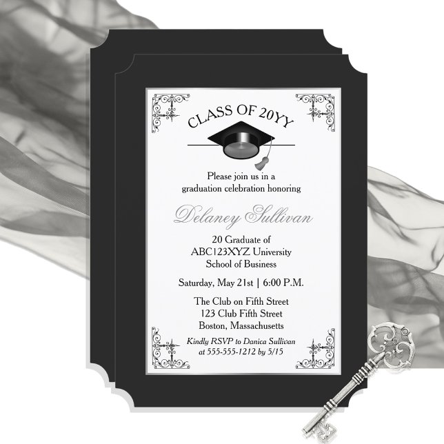 Invitación Elegante Fiesta de Graduación de la Escuela de Pla (Elegant Formal Black Silver Tone College Graduation Announcement Party Invitation - Print | Download)