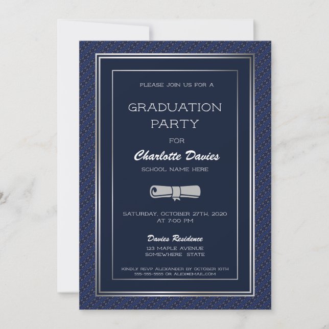 Invitación Elegante fiesta de graduación de la frontera azul  (Anverso)