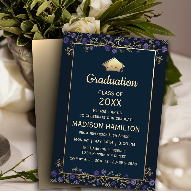 Invitación Elegante fiesta de graduación de la Marina Azul y  (Elegant Navy Blue and Gold Graduation Party Invitation, 
 #purpleinvitation #purplegraduation )