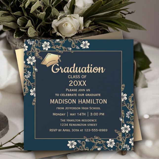 Invitación Elegante fiesta de graduación de la Marina Azul y  (Elegant Navy Blue and Gold Graduation Party Invitation, Gold Frame Luxury Graduation,  #navygold)
