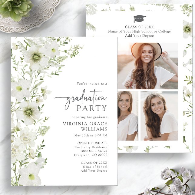 Invitación Elegante fiesta de graduación de la vegetación (Elegant Greenery Graduation Party Invitation with Photo Collage by Painted Paperie
)