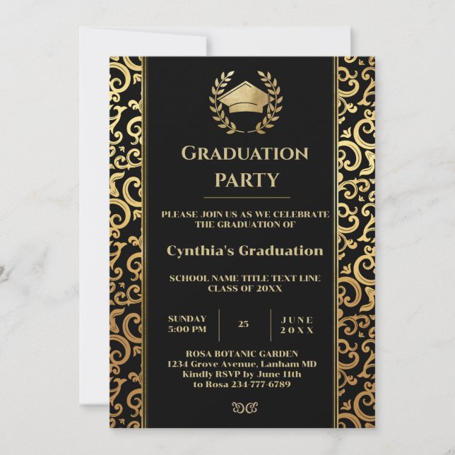 Invitación Elegante fiesta de graduación de marco dorado (Anverso)