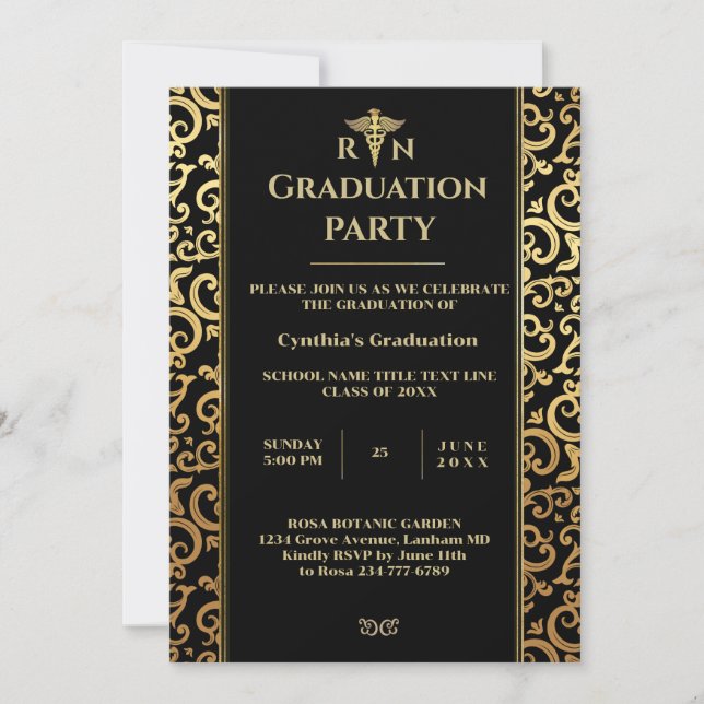 Invitación Elegante fiesta de graduación de marco dorado (Anverso)