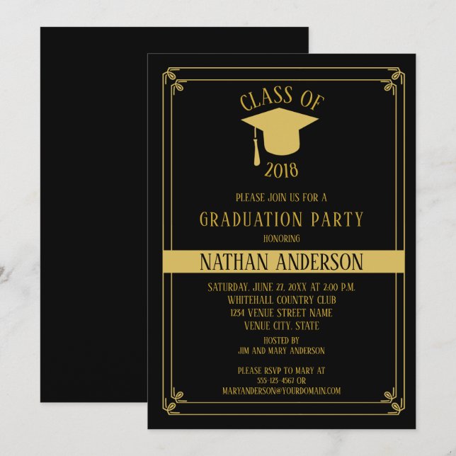 Invitación Elegante fiesta de graduación de marco negro y dor (Anverso / Reverso)