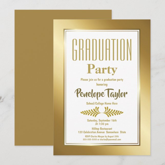 Invitación Elegante fiesta de graduación de oro (Anverso / Reverso)