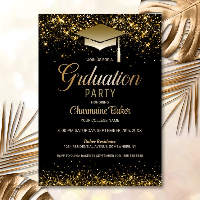 Invitación Elegante fiesta de graduación de oro negro (Subido por el creador)