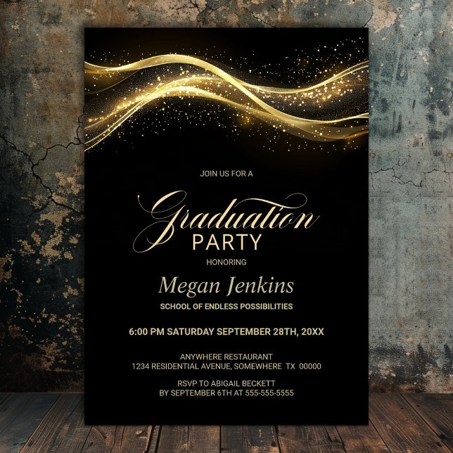 Invitación Elegante fiesta de graduación de oro negro (Subido por el creador)