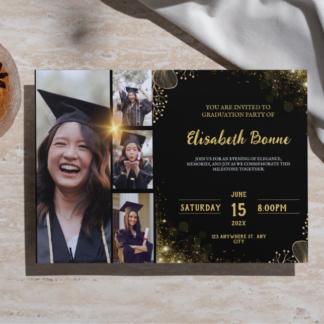 Invitación Elegante fiesta de graduación de oro y negro (Elegant Gold & Black Graduation Party Invitation Template with 4 Photo Slots | Customizable & Classy)