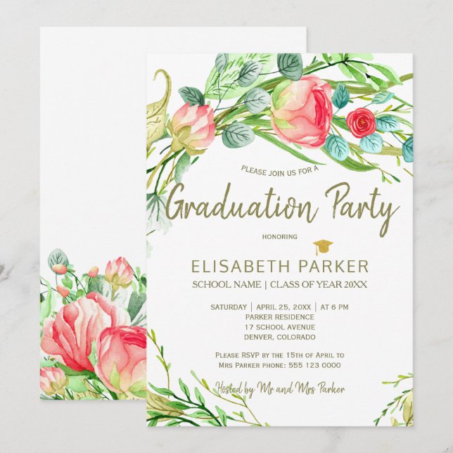 Invitación Elegante fiesta de graduación de rosas del jardín  (Anverso / Reverso)