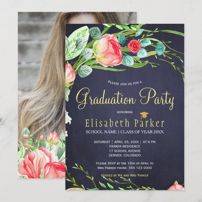 Invitación Elegante fiesta de graduación de rosas del jardín  (Anverso / Reverso)