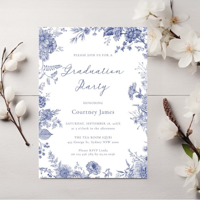 Invitación Elegante fiesta de graduación de toile French Blue (Subido por el creador)