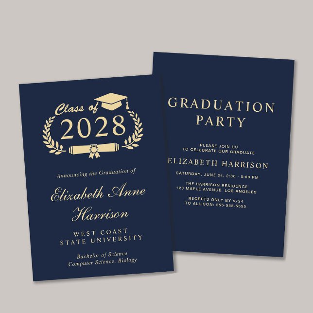Invitación Elegante Fiesta de Graduación del Blue College (An elegant college graduation party invitation to celebrate the graduate's achievements)