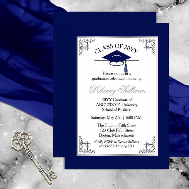 Invitación Elegante Fiesta de Graduación del Colegio Azul For (Elegant Formal Silver Tone and Dark Royal Blue College | University Graduation Party Invitation )