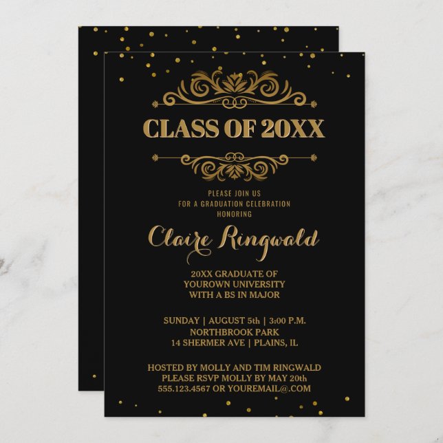 Invitación Elegante Fiesta de Graduación del Colegio Oro Negr (Anverso / Reverso)