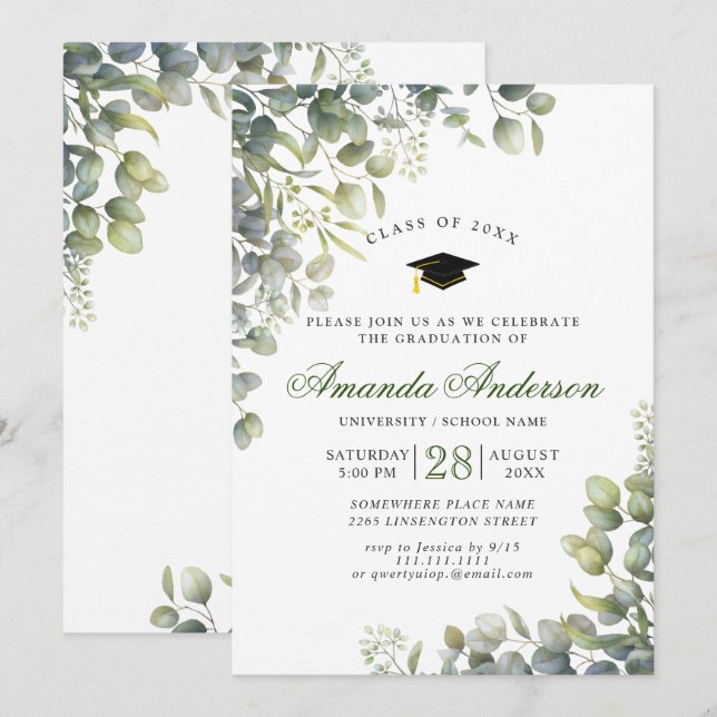 Invitación Elegante fiesta de graduación del Eucalipto de col (Anverso / Reverso)