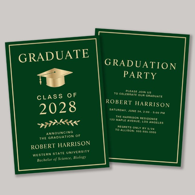 Invitación Elegante Fiesta de Graduación del Green Gold Colle (An elegant college graduation party invitation to celebrate the graduate's achievements)