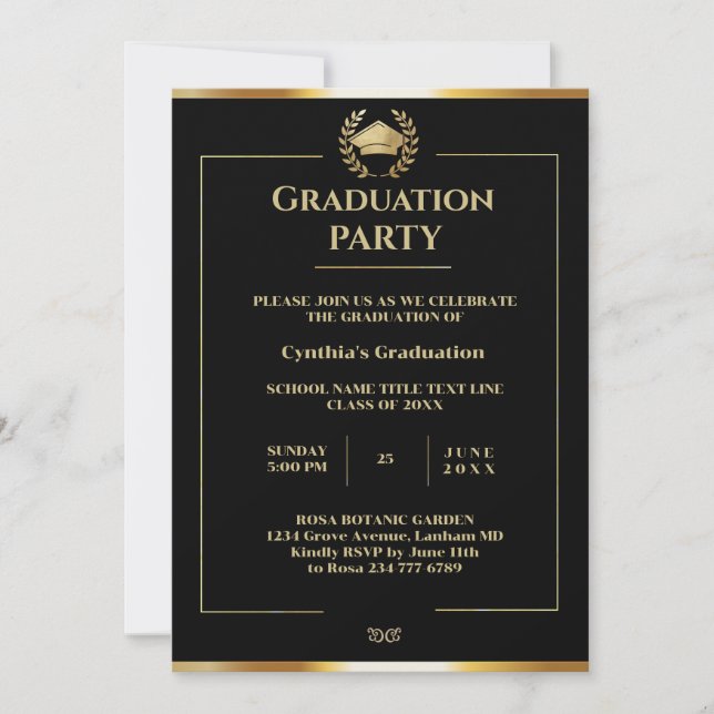 Invitación Elegante fiesta de graduación en negro y oro (Anverso)