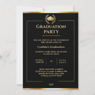 Invitación Elegante fiesta de graduación en negro y oro