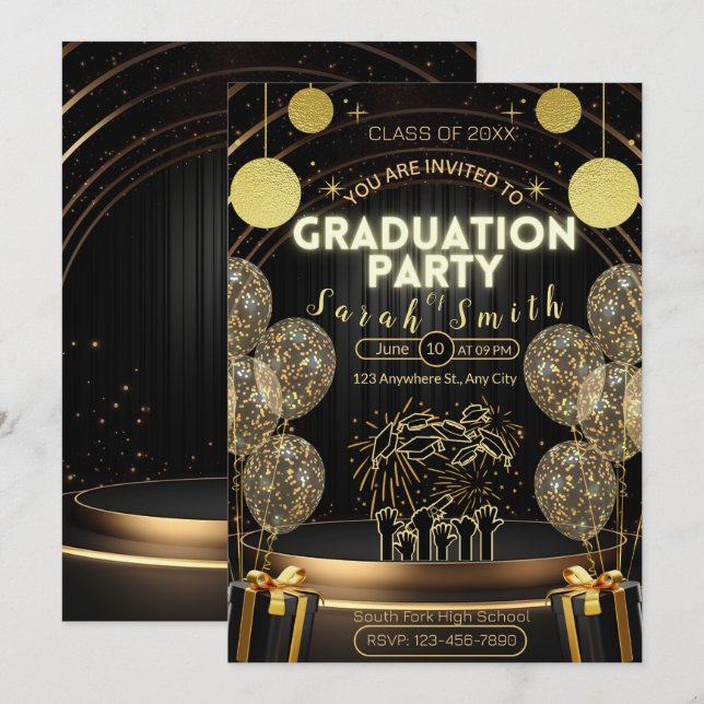 Invitación Elegante fiesta de graduación en negro y oro (Anverso / Reverso)