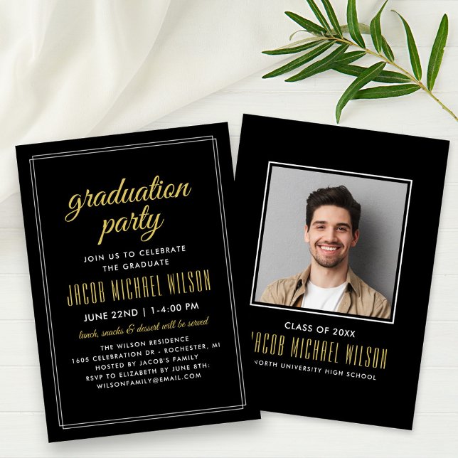 Invitación Elegante fiesta de graduación en negro y oro (Subido por el creador)