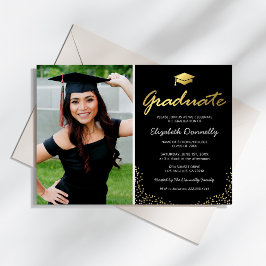 Invitación Elegante Fiesta de Graduación en Negro y Oro