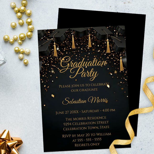 Invitación Elegante fiesta de graduación en negro y oro (Subido por el creador)