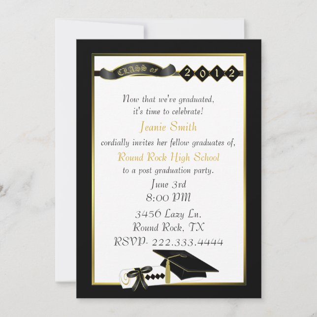 Invitación Elegante fiesta de graduación en negro y oro (Anverso)