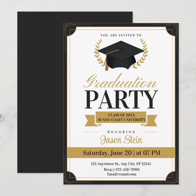 Invitación Elegante fiesta de graduación en negro y oro (Anverso / Reverso)