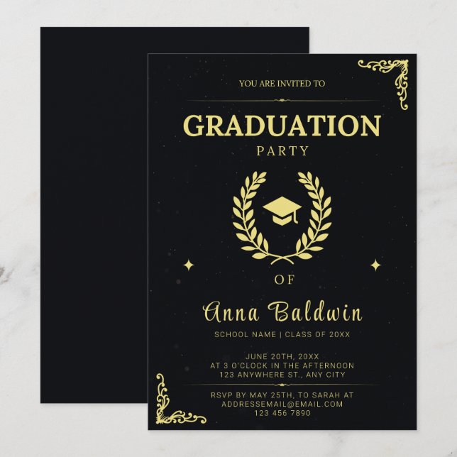 Invitación Elegante fiesta de graduación en negro y oro (Anverso / Reverso)