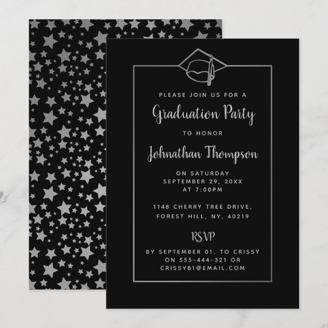 Invitación Elegante fiesta de graduación en negro y plata (Anverso / Reverso)