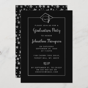 Invitación Elegante fiesta de graduación en negro y plata