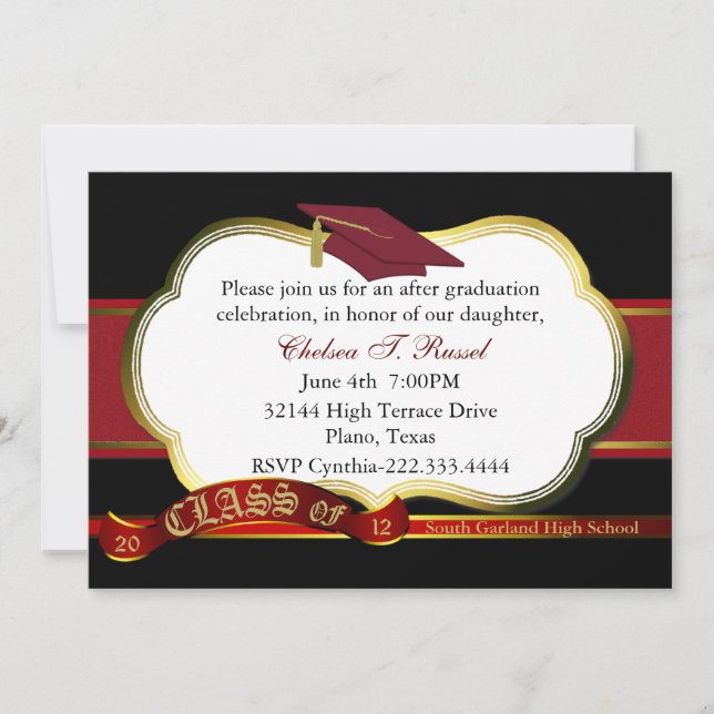 Invitación Elegante fiesta de graduación en rojo y negro (Anverso)