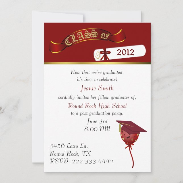 Invitación Elegante fiesta de graduación en rojo y oro (Anverso)
