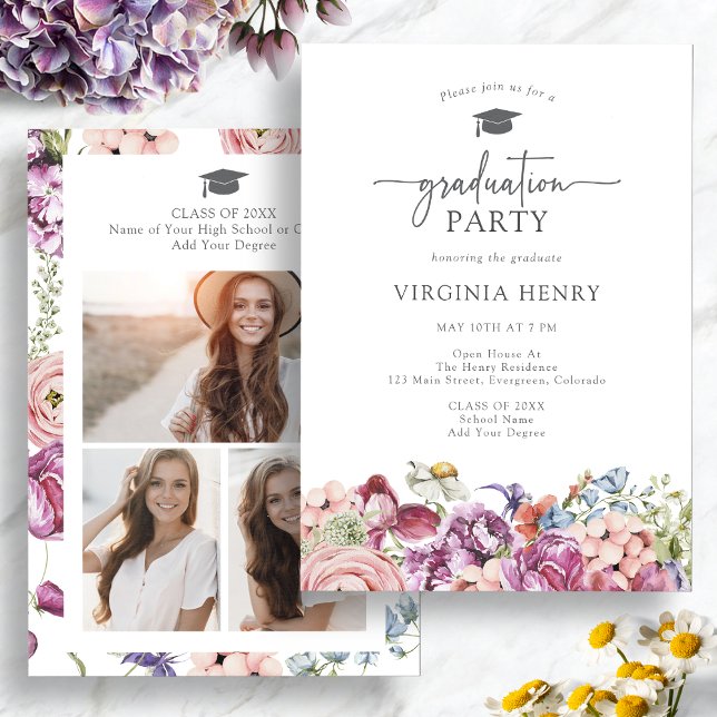 Invitación Elegante fiesta de graduación floral (Elegant Floral Watercolor Graduation Party Invitation with Pictures by Painted Paperie
)