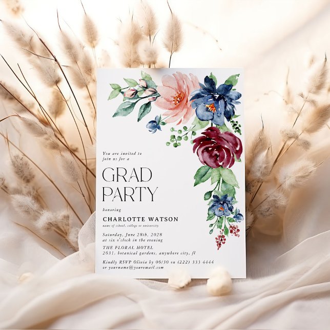Invitación Elegante fiesta de graduación floral acuática (Subido por el creador)